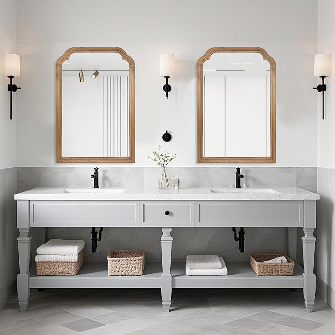 Wood Bathroom Mirror for Wall, 30 x 20 Inch Decorative Wall Mirror with Rustic Wooden Frame for Living Room, Vanity, Bedroom, Entryway, Farmhouse