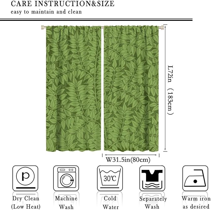 Bohemia Retro William Morris Art Blackout Window Curtains, Flowers Foliage on Green Background Curtains, for Living Room Bedroom 31.5(W)*72(L) 2 Panels