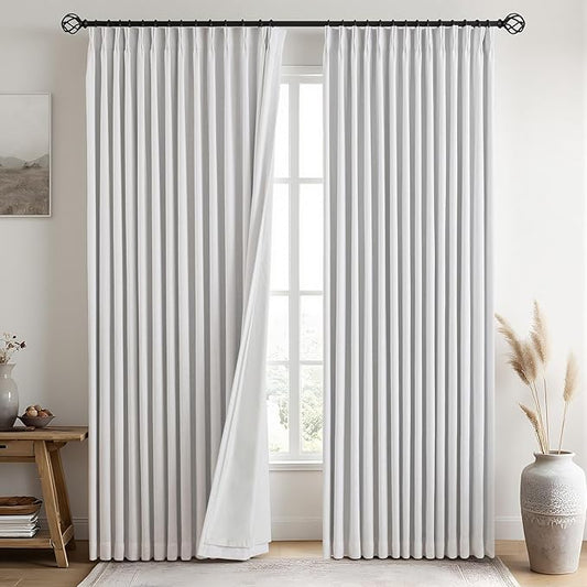 IVAPUPU Linen Pinch Pleated 100% Blackout Curtains for Bedroom - 2 Pages Black Out White Curtains 63 Inch Long 2 Panel for Living Room Darkening Thermal Window Curtain Drapes with 16pc Hooks
