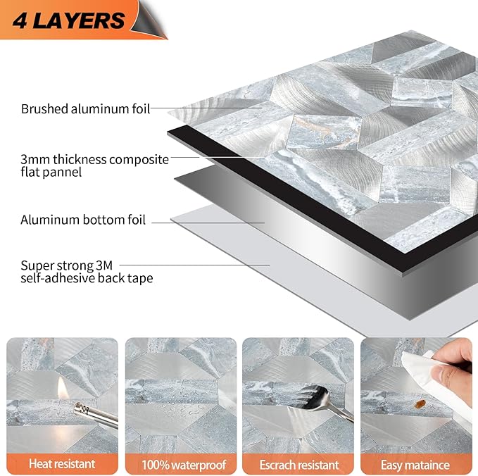 10-Sheets Peel and Stick Backsplash Tiles, PVC Marble Mixed Metal Look,Heat Resistant Stick on Tiles for Kitchen Wall,Bathroom,Laundry Room (Blue Marble & Silver)