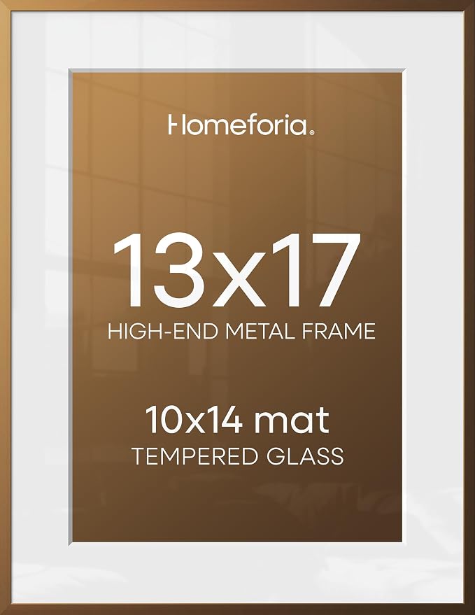Homeforia 13x17 Picture Frame Bronze, High End Metal 13x17 Brass Poster Frames with Mat 10x14 Photo, 13 x 17 Frame Matted to 10 by 14 inch Print, 17by13 Thin Frames, Tempered Glass, Wall Kit, Set of 3