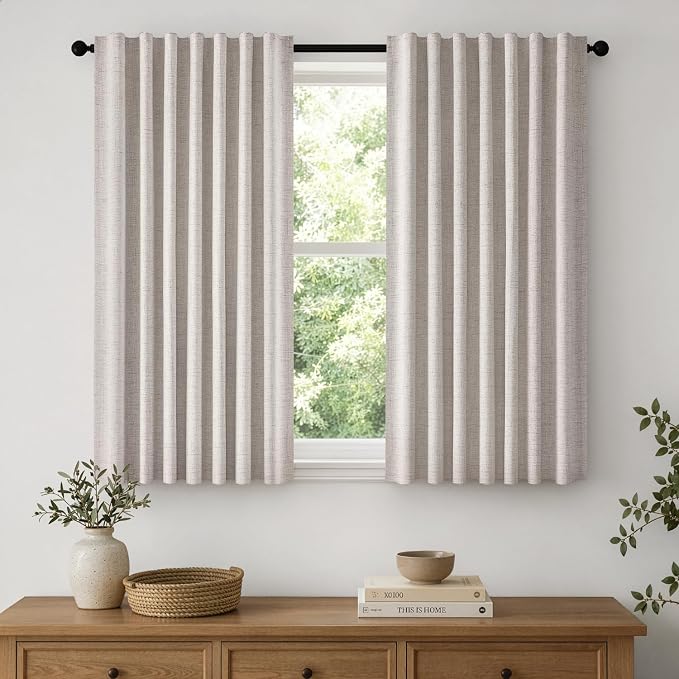 MIULEE 100% Blackout Linen Curtains for Bedroom, Ivory Solid Luxury Decor Thermal Insulation Room Darkening Drapes for Living Room Back Tab Rod Pocket 42 x 45 Inches, 2 Panels
