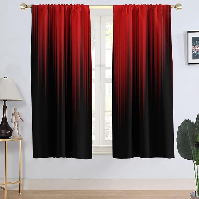 AAtter Red and Black Ombre Gothic Curtains, Dark Aesthetic Gradient Window Drapes for Bedroom, Cool Anime and Goth Room Decor, 2 Panels, 42" W x 63" L
