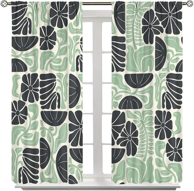 JESTRONRY Mid Century Boho Curtains, Modern Abstract Abstract Geometric Green Floral Pattern Print Blackout Window Door Curtains for Bedroom Living Room Home Decor 63x63in