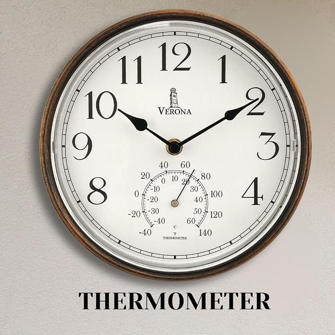 Outdoor Clocks for Patio Waterproof with Thermometer — 9.5 Inch Indoor Outdoor Wall Clock with Temperature Display — Weatherproof, Accurate & Easy to Read for Pool, Garden & Home Decor