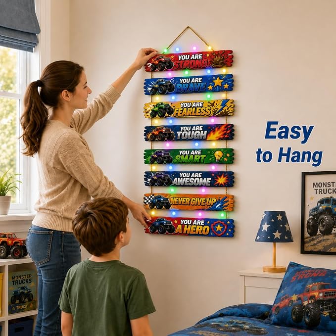 Cool Monster Truck Room Decor Set of 8 with Led Light for Teen Boys Kids Toddler, Inspirational Race Car Wood Sign Nursery Wall Decor for Bedroom, Truck Lamp Wall Decor Art