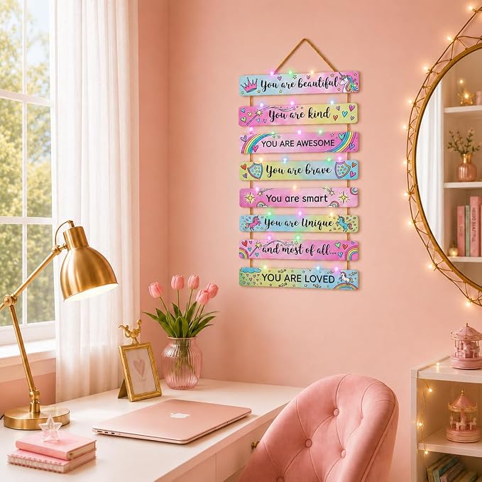 Cute Unicorn Room Decor Set of 8 with Led Light for Teen Girls Kids Toddler, Preppy Inspirational Rainbow Wood Nursery Wall Decor for Dorm Bedroom, Dreamy Cozy Chic Motivational Princess Room Decor
