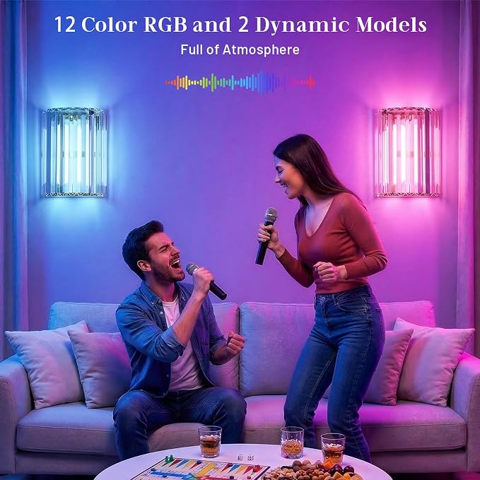 Black and Gold Battery Operated Wall Sconces Set of 2, Crystal Wireless Wall Lights with Remote, Rechargeable Cordless Wall Lamps 12 RGB and 3 CCT Dimmable Decor for Bedroom Living Room