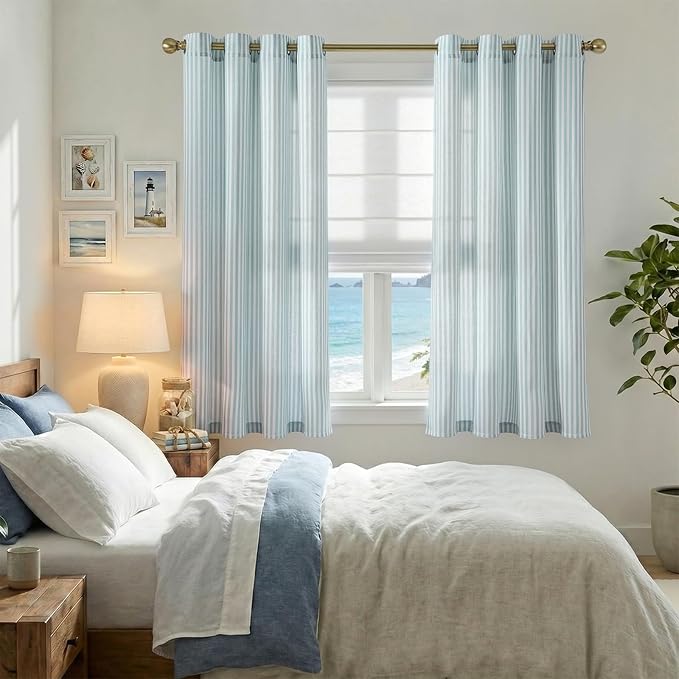 jinchan Linen Curtains 63 inch Aqua Blue Stripe on White Grommet 2 Panels | Curtains for Living Room Bedroom,Ticking Vertical Stripe ,Modern Beachy Coastal Drapes,Window Treatment,Light Filtering
