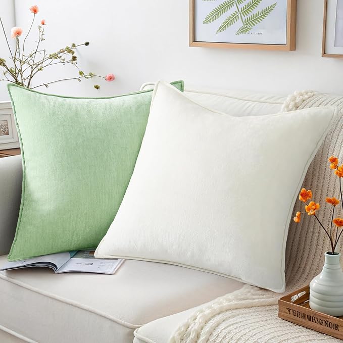 decorUhome Fall Couch Euro Sham Throw Pillow Covers 24x24 Set of 2, Decorative Soft Velvet Modern Cozy Chenille Pillow Cases with Elegant Design for Sofa Bed Living Room Home Decor, Cream White