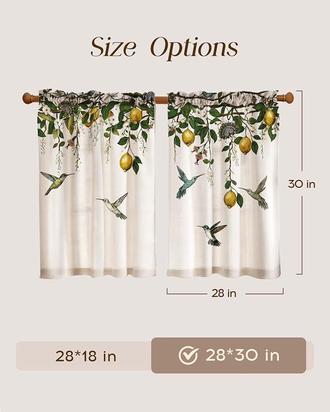 Miss Adola Farmhouse Kitchen Tier Curtains - 30 Inch Length Linen Blend Vintage Cafe Curtains Lemon Bird Small Window Treatments Over Sink Rod Pocket for Bathroom Living Room Light Filtering, 2 Panels