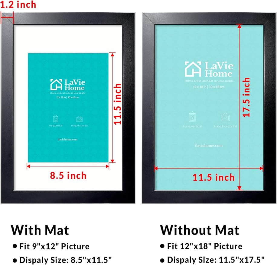 LaVie Home 12x18 Picture Frame Black Poster Frame,Display Pictures 9x12 with Mat or 12x18 Without Mat, Stable and Sturdy Frame and Polished Plexiglass, Horizontal and Vertical Format of The Walls