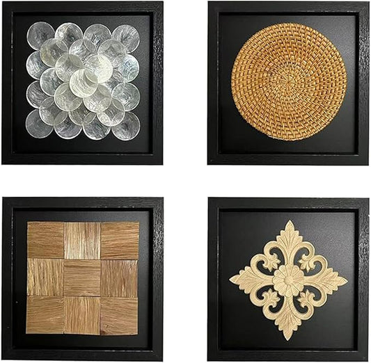 DREMECH Handmade 4-Piece Wall Art Set - Natural Shell/Rattan/Wood/Carved Decor with Black Frame | Unique Boho/Modern Home Decor for Living Room, Bedroom | One-of-a-Kind Artisan Wall Hangings