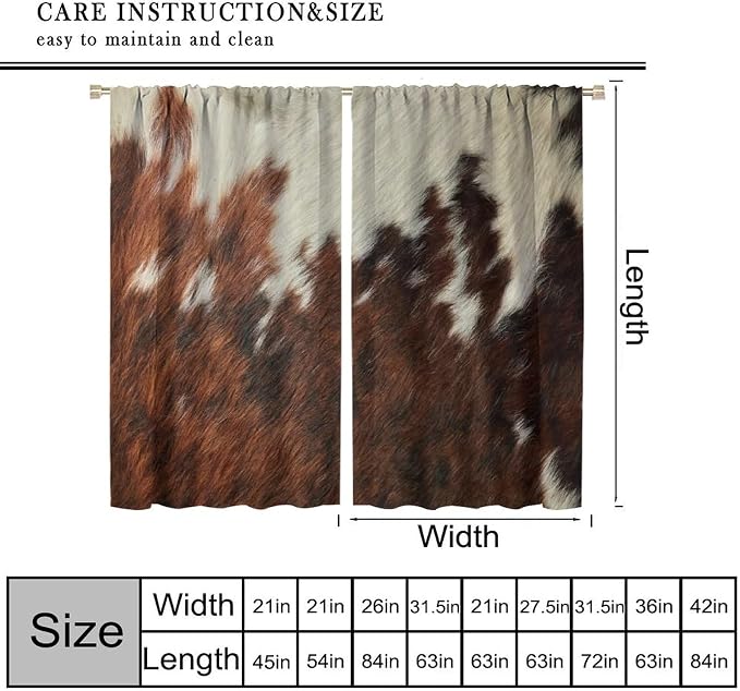 Cowhide Blackout Curtain, Rustic Western Cow Fur Skin Print Brown White Animal Print Curtains Rod Pocket Window Treatments 2 Panels Drapes for Kitchen Bedroom Living Room Offiec Decor 63"W X 63"L