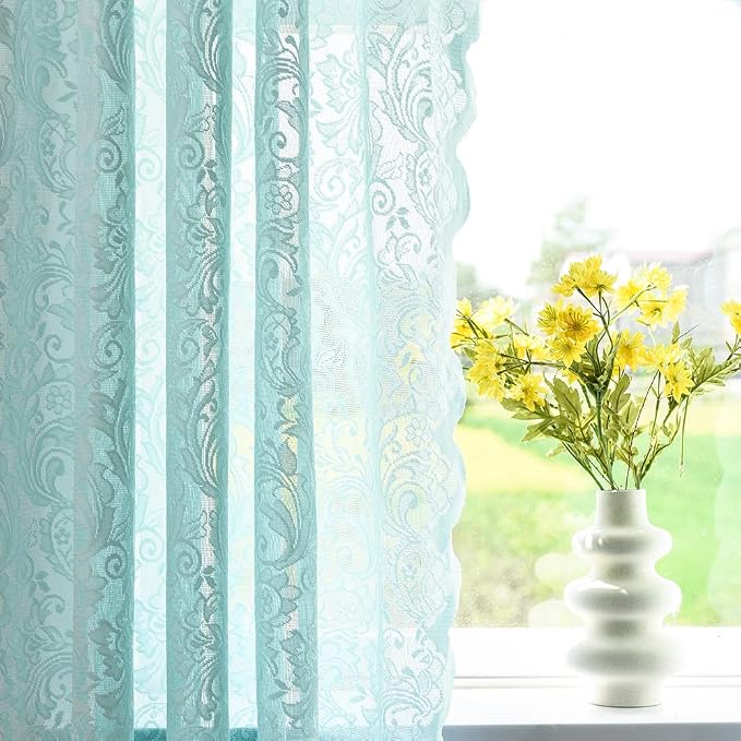 ALIGOGO Mint Green Curtains, 84 Inch Long, 2 Panels - Vintage Ocean Coastal Lace Sheer Floral Curtains for Living Room, Summer Beach Themed, Seafoam Aqua Color, Rod Pocket, 52 x 84 Inch, Aqua/Mint