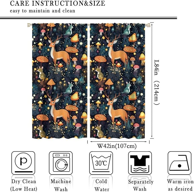 Fantasy Plant Curtains,Cute Woodland Deer Forest Animal Floral Mushroom Print Window Treatments for Bedroom Living Room Study Window Drapes 2 Panels Set,Total Size 84 x 84 Inch