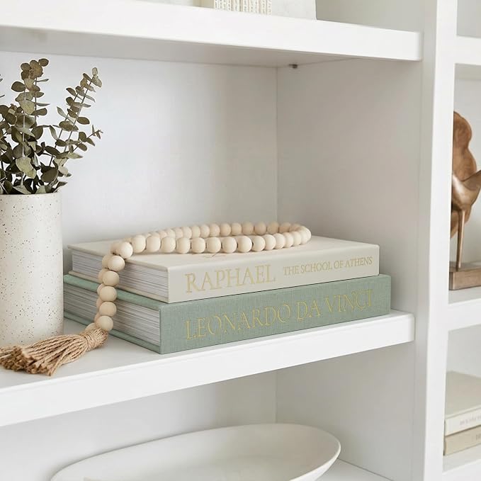 3-Piece Decorative Books for Home Decor with Wood Bead Garland - Stackable Linen Faux Book Box for Coffee Table Styling, Real Fabric Cover Fake Books with Tassel as Display Riser for Shelf