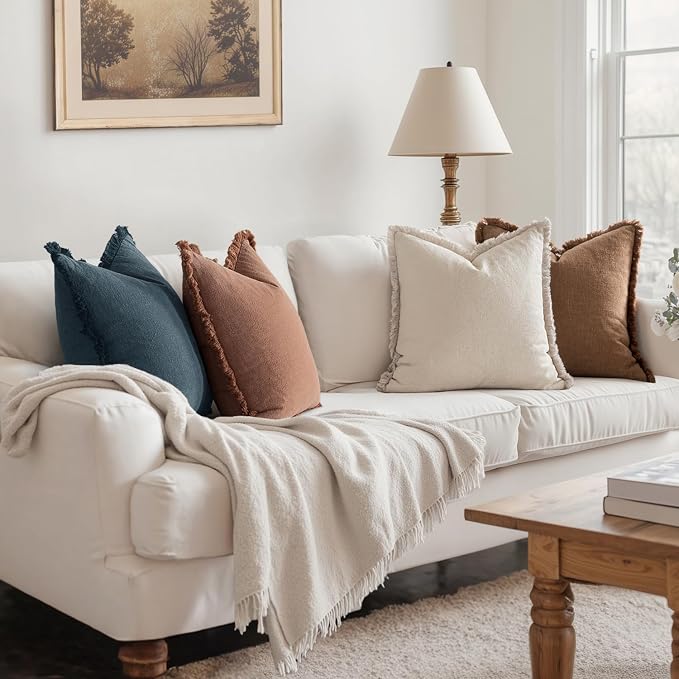 MIULEE Decorative Couch Pillow Covers Neutral Linen Fringe Throw Pillows Set of 4 Modern Rustic Cushions Boho Farmhouse Pillowcases for Bed Sofa Living Room Spring Decor 18x18 Inch Beige/Brown/Blue