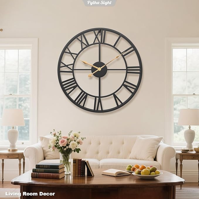 Pytha Sight 20 Inch Large Oversized Wall Clocks for Living Room Decor,Battery Operated Silent Non Ticking,Vintage Rustic Big Roman Numeral Metal Wall Clock for Kitchen,Bedroom,Office,Dining Room