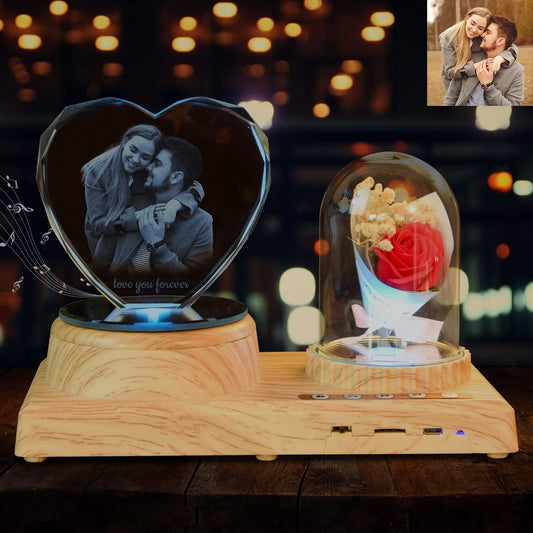 Heart-Shaped Photo Customization Night Light Personalized 3D Crystal Lamp 7 Color Light Rose Bluetooth Rotation Crystal Photo Frame Best Gift for Couple Love Women Men Wedding Christmas