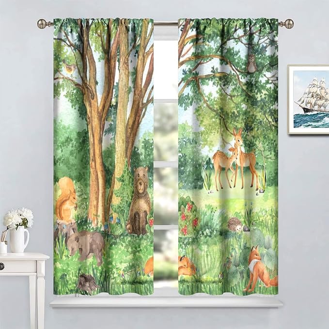 YCness Forest Animal Curtains, Watercolor Wild Animal Bear Fox Deer Kids Window Treatments for Living Room Bedroom,Green Woodland Tree Kids Drapes 2 Panel Sets,55x63 Inch, Style-1
