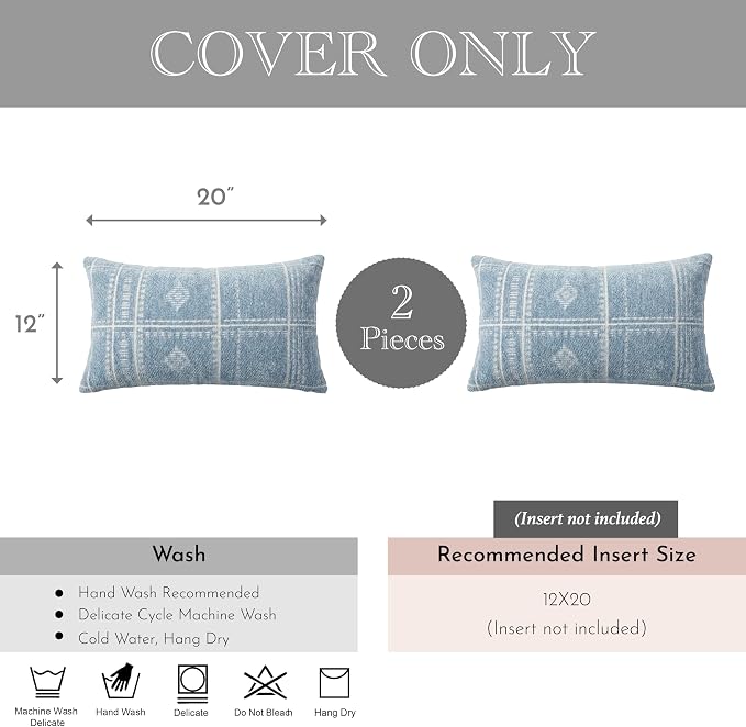 BlissBlush Decorative Lumbar Pillow Covers 12x20 Set of 2, Coastal Blue Chenille Accent Rectangular Throw Pillow Covers for Couch Sofa Living Room Home Décor (Cover Only)