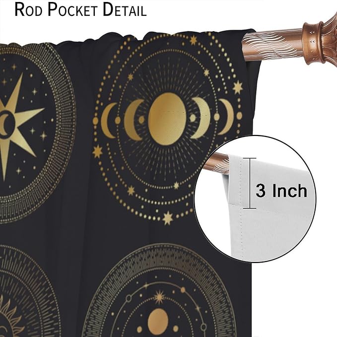 Bohemian Sun Moon Star Blackout Curtains, Golden Retro Style Sun and Moon Pattern Print Window Drapes, for Living Room Bedroom 63x72in 2 Panels