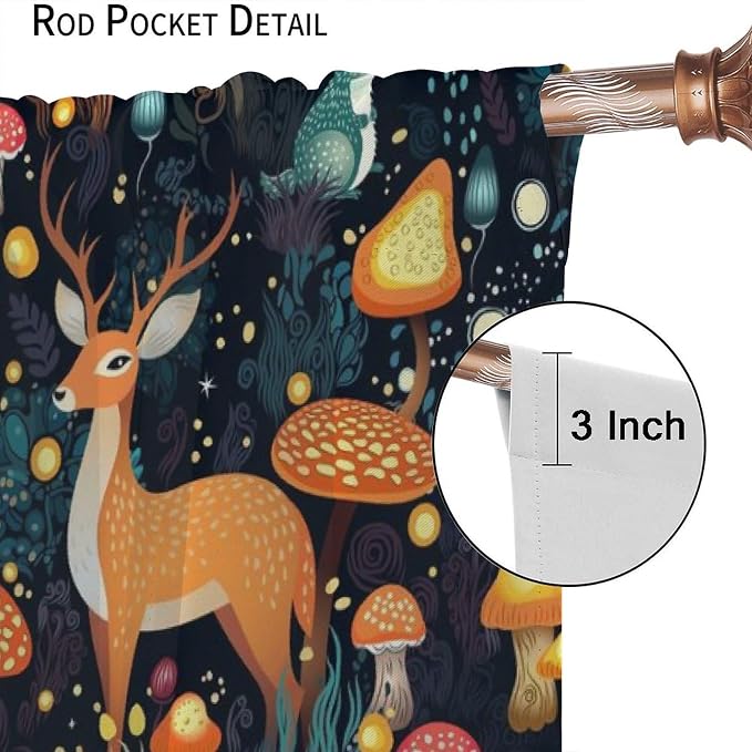 Fantasy Plant Curtains,Cute Woodland Deer Forest Animal Floral Mushroom Print Window Treatments for Bedroom Living Room Study Window Drapes 2 Panels Set,Total Size 55 x 63 Inch