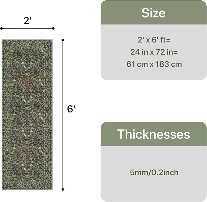 GENIMO 2x6 Washable Runner Rug, Non Slip Hallway Mat, Emerald Green | Vintage Boho Floral Low Pile Thin Mat for Entryway, Kitchen, Bedroom, Indoor Decor