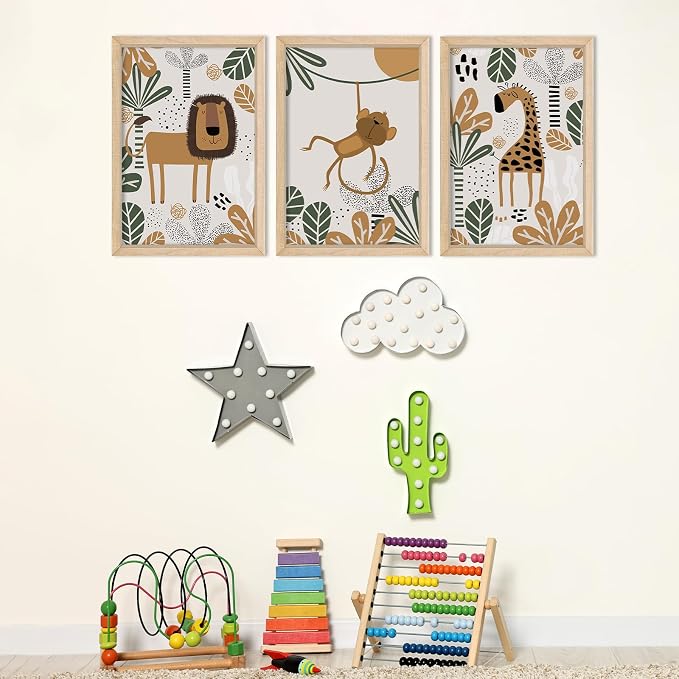 Safari Wall Decor Nursery Art Jungle 11x16 set of 3 Wood Frame for Kids | Animal Cartoon Lion Monkey Giraffe Prints, Baby/Toddler Room, Boho Jungle Theme