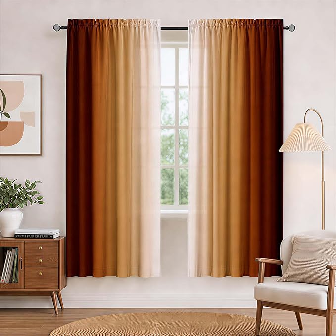 Burnt Orange Curtains 63 Inch Length for Living Room 2 Panel Set Burnt Orange and Terracotta Window Curtain Rust Orange Ombre Gradient Light Filtering Curtains Modern Abstract Drapes