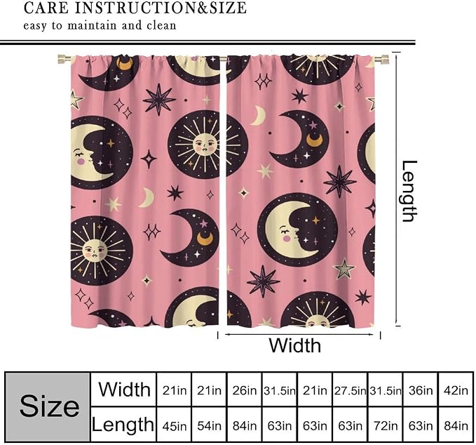 Sun Moon Stars Blackout Curtains, Abstract Magical Art Pattern Printed Window Drapes, for Bedroom Living Room 63" W X 72" L