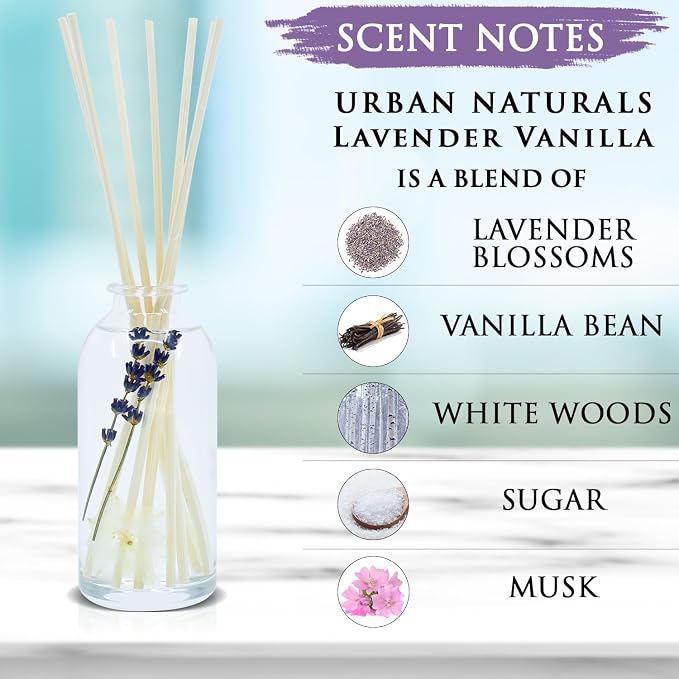 Urban Naturals Reed Diffuser Set, Lavender Vanilla - Bathroom Shelf Décor | Room Scent Infuser with Real Lavender & Natural Flowers, Soothing Scent Makes a Great Housewarming Gift