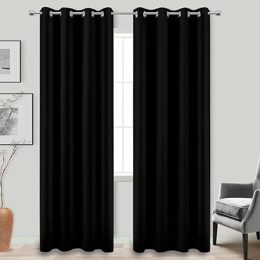 KOUFALL Grommet Curtains Drapes 95 Inches Long,Blackout Thermal Window Treatments Curtain,2 Panels,Black