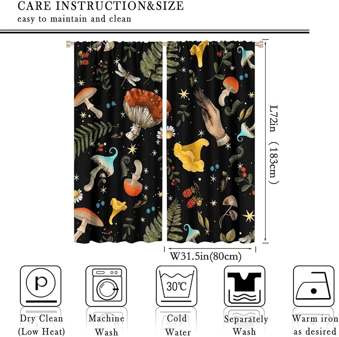 Retro Mushroom Curtains, Boho Rustic Vintage Botanical Mushroom Gothic Witch Wildflower Plant Print Blackout Window Treatments for Living Room Bedroom Kitchen 63x72in