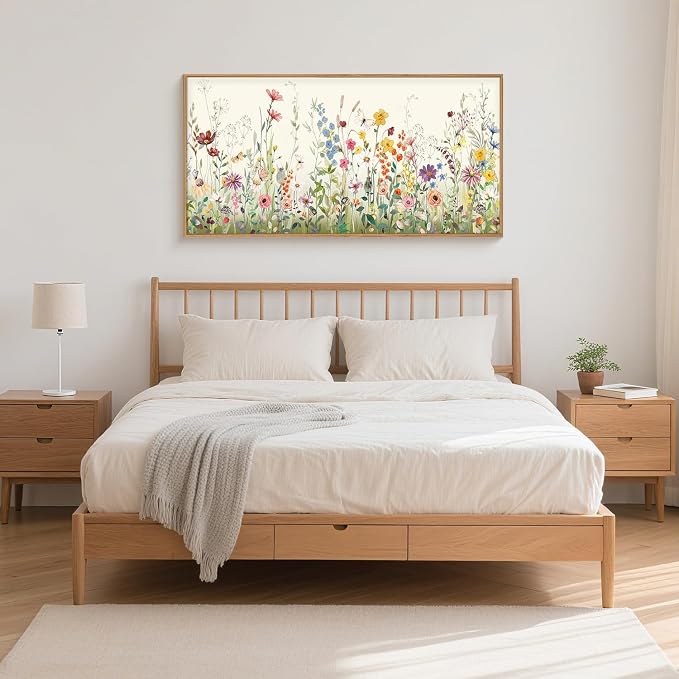 Large Watercolor Colorful Wildflower Framed Canvas Wall Art Set,Modern Natural Floral Botanical Wall Decor,Vibrant Flower Butterfly Landscape Artwork for Living Room, Bedroom,Office- 40"x20"x3