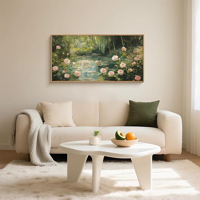 Water Lilies Monet Framed Canvas Wall Art Set,Garden Pond Impressionist Floral Wall Decor,Vintage Oil Green Vibrant Flower Botanical Artwork for Living Room, Bedroom,Farmhouse-40 x20 x1
