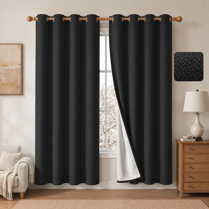 2 Panels 100% Blackout Linen-Textured Curtains, Thick Thermal Insulated Grommet Drapes with Subtle Herringbone Weave, Luxury Decor for Bedroom/Living Room, 54 x 72 Inches, Black