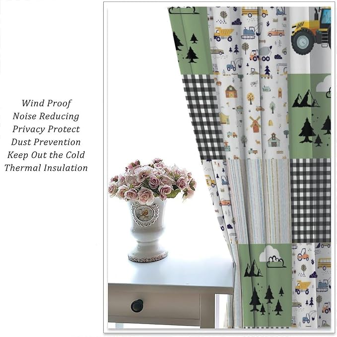 Cartoon Car Blackout Curtain,Kids Construction Truck Tractor Grid Stripes Farm Rustic Curtains Dining Room Living Room Kitchen Cafe Bedroom Office Nursery Drapes Decor,42x45 in