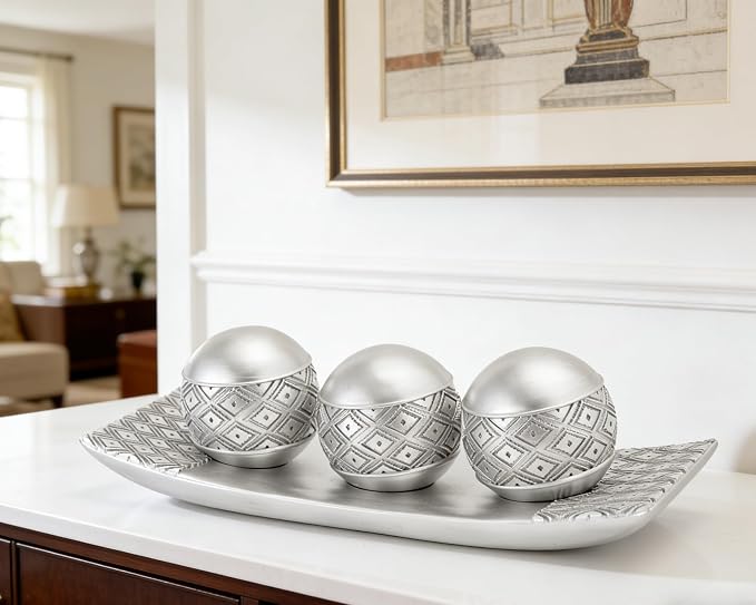 Silver Decorative Orbs with Tray Set, 3Pcs Resin Decorative Balls with Tray, Modern Accent Sphere for Coffee Table, Dining Table, Living Room, Entryway