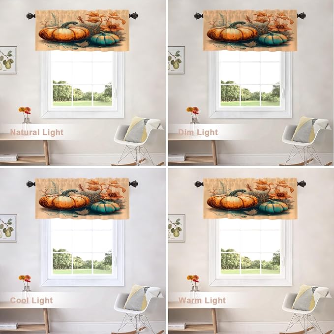 Shrahala Autumn Pumpkin Harvest Kitchen Valances, Art Hand Painting Flowers Grass Half Window Curtain Window Treatment Multilayer Polyester Blackout for Living Room Bathroom 2 Pack 52 x 18 in