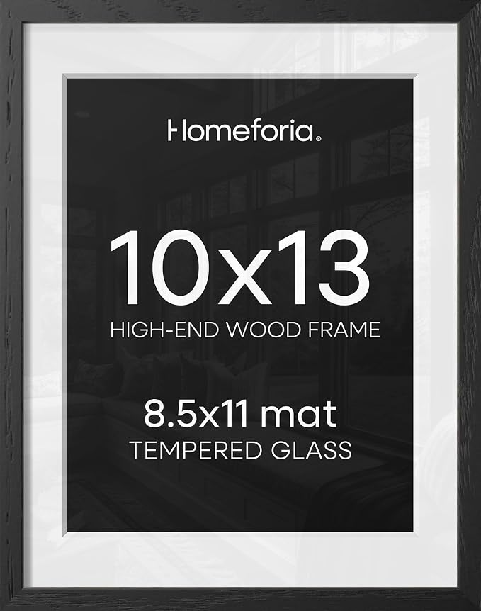 Homeforia 10x13 Picture Frame Black Wood, High End Oak 10x13 Poster Frames with Mat 8.5x11, 10 x 13 Wooden Frames Matted to 8.5 x 11 inch Photo, 13x10 Hanging Frame, Tempered Glass, Wall Kit, Set of 2