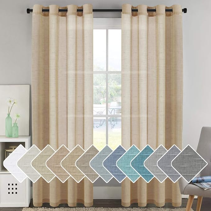 H.VERSAILTEX Linen Curtains Flax Linen Blended Curtain Panels for Living Room/Bedroom Semi Sheer Privacy Curtains 96 inch Length 2 Panels Set Nickel Grommet Window Drapes, Taffy