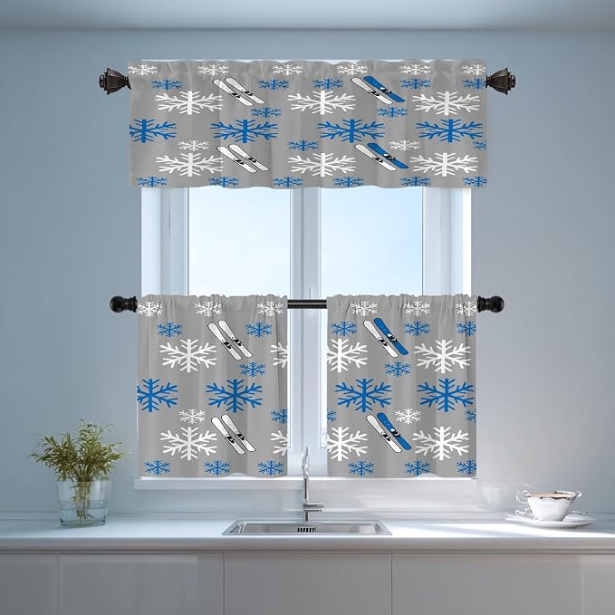 Shrahala Snowflakes Skis Blackout Short Curtains for Windows, Winter Sports Themed Pattern Kitchen Valance Thermal Insulated Rod Pocket Window Treatment for Bathroom 2 Pack 52 X 16 in