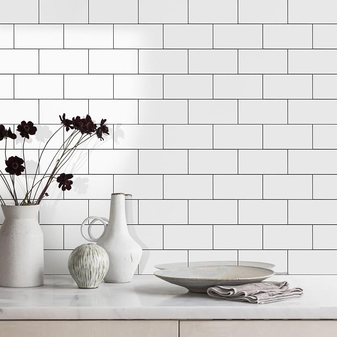 Vamos Tile Peel and Stick Backsplash Tile, 3''x6'' PVC Subway Tile, Stick on Backsplash for Kitchen/Bathroom/Fireplace,4-Piece Glossy Pure White with Dark Gray Grout