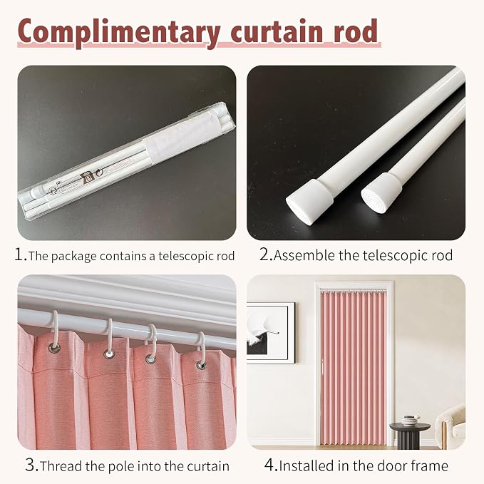 AJAZZ Accordion Interior Door Curtain 42"×78" Pink w/Free Rod, No-Drill Bedroom/Living Room Doorway