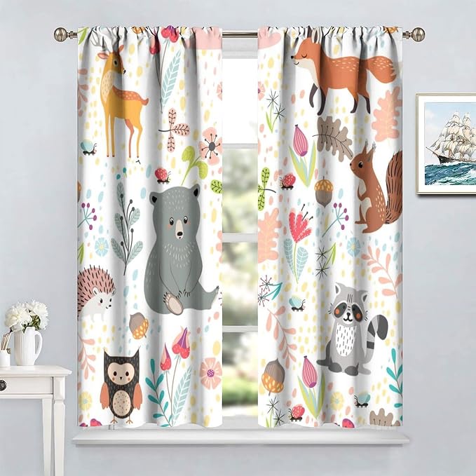 YCness Rustic Animal Curtains, Wild Forest Animal Bear Fox Deer Kids Window Treatments for Living Room Bedroom, Farmhouse Woodland Blackout Drapes 2 Panel Sets, 52x84 Inch, Style-3