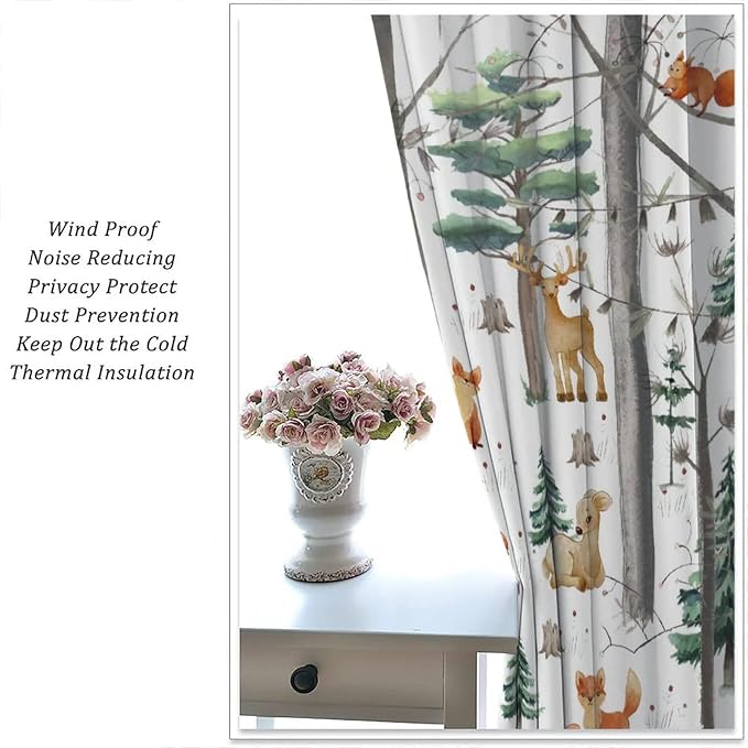 YCness Kid Forest Woodland Animal Fox Elk Bear Watercolor Print Curtains for Nursery Bedroom Living Room, Rustic Wild Animal Window Drapes 2 Panel Set, 63x72 Inch