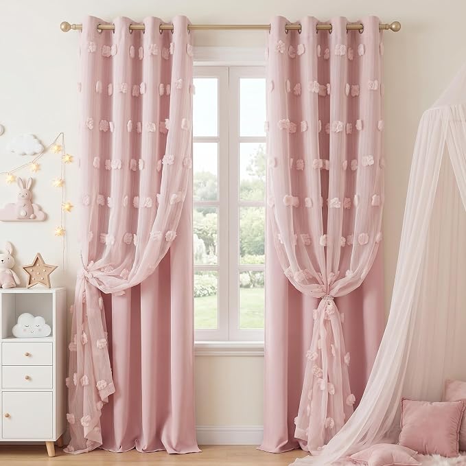 MYSKY HOME Pink Curtains for Bedroom 72 Inches Long Nursery Curtains Pom Pom Pink Sheer Curtains for Girls Room Double Layer for Toddler Bedroom Grommet Room Darkening Window Panels 52 x 72 Inch