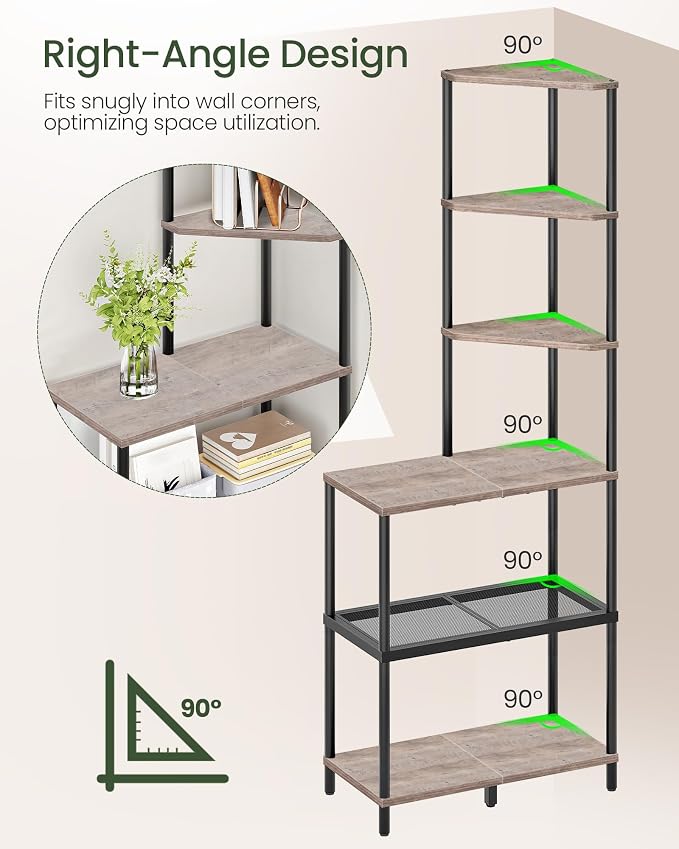 CHOEZON 6-Tier Corner Shelf, Industrial Corner Bookshelf with Desk Top, Diamond-Shaped Storage Shelves, Display Stand for Small Spaces, Living Room, Home Office, Foyer, Greige and Black TCJ70BG